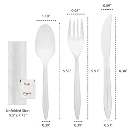 Party Essentials Individually Wrapped Plastic Cutlery Kits/Silverware Packets, 250 Sets, White Fork/Spoon/Knife/Napkin/Salt/Pepper