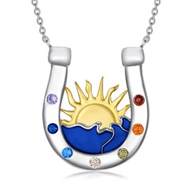 PROESS Horseshoe Sun Necklace 925 Sterling Silver 7 Chakra Necklace Wave Pendant Horseshoe Jewelry Gifts for Women Men for Birthday Christmas