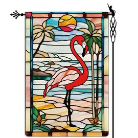 Welcome Summer Garden Flag Spring Summer Flamingo Garden Flag Stained Glass Style Vertical Double Sided Rustic Farmland Burlap Yard Lawn Outdoor Decor 12.5x18"