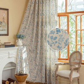 AMZTOP Beige with Brown Bird Botanical Curtains 84 Inch Length 2 Panels Set Semi Sheer Boho Floral Rustic Country Rod Pocket Farmhouse Bedroom Living Room Window Curtain Panels