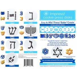 Impress Cookie Press Disks – Hanukkah Set of 8, Food Safe Plastic Shapes with Star of David, Dreidel, & More, Fits Many Manual Models - See Disk Sizing Image to ensure fit with your press