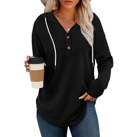 RUMIA Long Sleeve Shirts for Women V Neck Casual Tops Hoodies Comfort Pullover Sweatshirt for Leggings Womens Tops Plain Black L