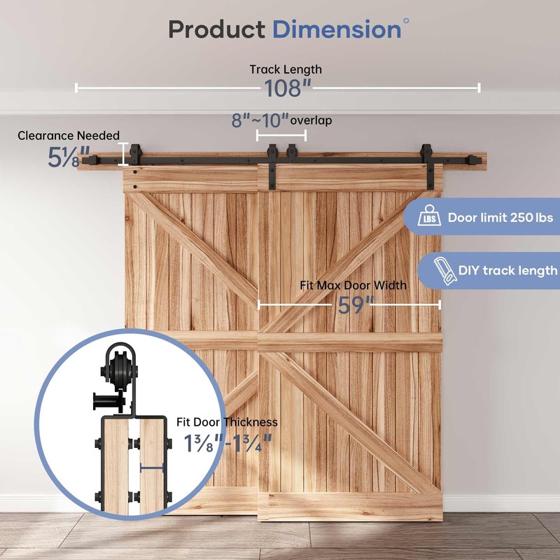 EaseLife 9 FT Bypass Double Sliding Barn Door Hardware Kit,Single