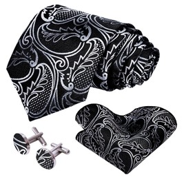 ROBERTO GABBANI Mens White and Black Paisley Tie and Pocket Square Set, Silk Tie Handkerchief Cufflinks and Clip Set for Men