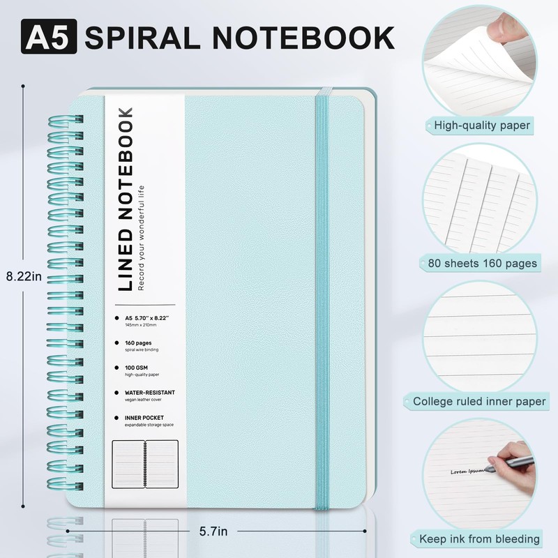 Lined Spiral Journal Notebook, A5 Hardcover Leather Notebook for Work,