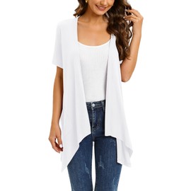 Veryoung Open Front Plus Size White Kimono Cardigan Short Sleeve Lightweight Summer Jacket with Pockets Draped Duster Vest Shrug Top High Low Hem,3XL
