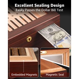 Flauno Cigar Humidor with Lock, Air Circulation System, up to 70 Cigars, Spanish Cedar Wood, Accurate Digital Hygrometer, Drawer, Humidifier, Divider, Gift for Cigar Lovers