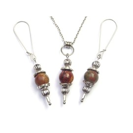 Vintage Style Edelstahl Damen Halskette und Ohrring Schmuckset mit rotem Picasso Jaspis Anhänger