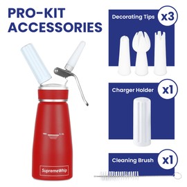 SupremeWhip PRO Cream Dispenser, Durable High-Grip, Metal Lid with Rubber, 3 Nozzles, for Hot/Cold Use, Cleaning Brush Included, Red - 250 ml / 1 Pint