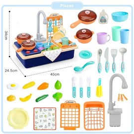 Cocina de Juguete para Niños, Set De Cocina Infantil, Fregadero con Agua Corriente, Ollas y Sartenes, Estante de Cubiertos y Accesorios de Cubiertos, 