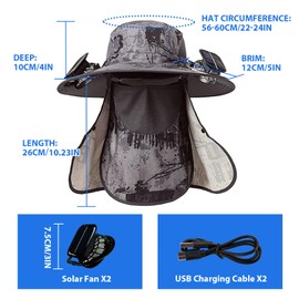 Solar Fan Hat, Wide Brim Sun Hat with 2 Solar Fan, Removable Neck Cap and Face Mask, Hat with Solar Fans Built in, Fishing Hat with Fan for Men, Waterproof Outdoor Hiking Camping Fishing Hat Grey