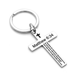 Ldurian Cross Keychain for Women - Matthew 6:34 Holy Bible Quote Cross Keychains Stainless Steel Religious Key Rings Bible Verse Keychain Jewelry