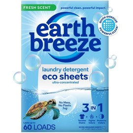 Earth Breeze Laundry Detergent Sheets Fresh Scent - 60 Loads Eco Liquidless Soap - Travel-Friendly for Hot & Cold Cycles, Tackles Tough Stains & Odors - Gentle on Skin, 30 Ct