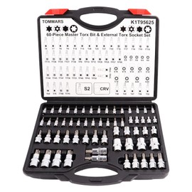 TOMMARS 60-Pc Master Torx Bit Socket and External Socket Set 1/4", 3/8", 1/2" Drive, S2 Steel Bits, CRV Sockets E4-E24, T6-T70,TT6-TT70,TP8-TP60