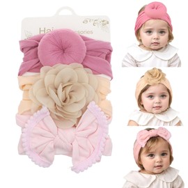 Kenjudess 3pcs Baby Girl Flower Nylon Headbands Soft Stretchy Donut Top Knot Wide Turban Hairbands Hair Bows Accessories for Newborn Infants Toddlers (Rose Red+Nude+Pink, Standard Small)