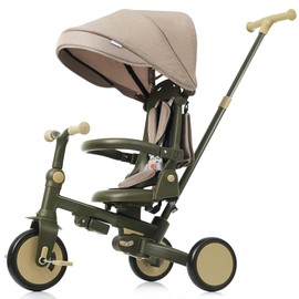 7-in-1 Foldable Kids Tricycle for 1-6 Years with Adjustable Push Handle, Removable Canopy & Pedals, Lightweight Aluminum Alloy, Safety Guard, Portable Toddler Bike (7-in-1, Dark Green)