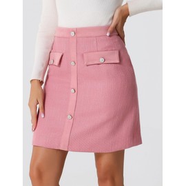 Allegra K Women's Tweed Plaid High Waist Button Decor Bodycon Elegant Office Mini Skirt Medium Hot Pink