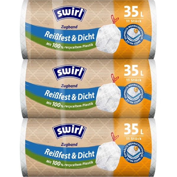 Swirl Tear-Resistant & Tight Bin Liners with Drawstring, 35 L,