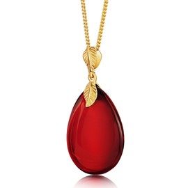 Amber by Mazukna - Red Amber Pendant Necklace for Women, 18-inches Gold Plated Sterling Silver 925 Chain, Polished Gemstone Pendant, Dainty Womens Jewelry