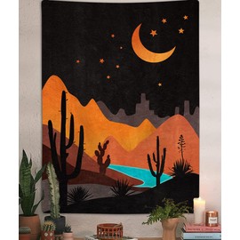 Boho Western Vertical Tapestry, Bohemian Mountain Desert Cactus Tapestries, Asthetic Minimalist Mid Century Sunset Tapestry Wall Hanging for Bedroom College Dorm Home Decor, 40X60IN