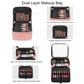 Relavel Makeup Bag with LED Mirror, Travel Makeup Case with Rechargeable Lighted Mirror 3 Color Lights, Dual Layer Cosmetic Box Makeup Brush Lipstick Holder Organizer for Women, Leather Pink