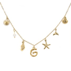 Gold Charm Necklaces for Women, Boho Surfer Beach Letter Necklace 18K Gold Plated Alphabet Pendant Shell Necklace-G, Starfish Necklace Beach Jewelry for Women Gift