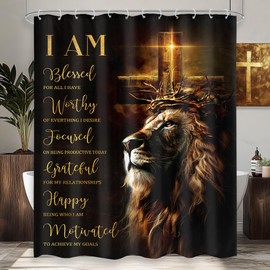 Omifly Lion Quotes Shower Curtain 60" W x 72" L Inch Bible Verse Safari Animal King Scripture Christain Inspirational African American with 12 Plastic Hooks Fabric Waterproof Toilet Accessories Decor