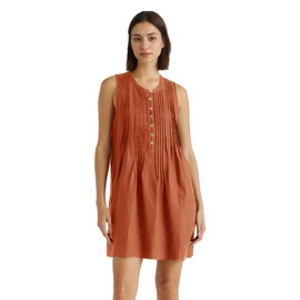 Fenclushy Women's Cotton Linen Crew Neck Sleeveless Swing Dress Casual Front Button Dresses with Pockets(Brown,XS)