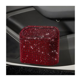 NYTKL Bling Car Trash Can with Lid, Sparkly Mini Crystal Litter Container Auto Hanging Dustbin, Leakproof Plastic Trash Bin Rhinestone Garbage Storage Organizer for Car Home Office (Red)