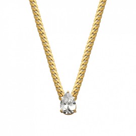 Daffany Teardrop Cubic Zirconia Pendant Necklace on 14K Gold Plated Flat Chain, 2 Carat CZ, 15.8" + 2" Extender, Gift Boxed