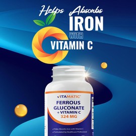 Vitamatic Vitamatic Ferrous Gluconate 324 mg + Vitamin C 100 mg (65 mg Elemental Iron) C High Potency Iron Supplement C Gentle on Stomach, No Artificial Colors C 250 Coated Tablets, Made in USA