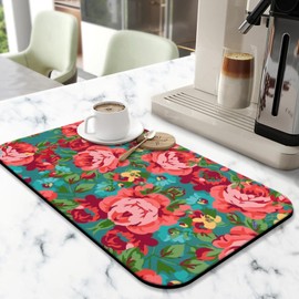 Floral Kitchen Counter Mat, 12 x 19.5 inches, Non-Slip Backing, Fast Drying, Pink Roses on Teal