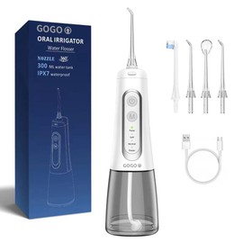 GoGo Water Dental Flosser Oral irrigator, GoGo 300ml Rechargeable Water flosser for Teeth IPX7 Waterproof 4 Modes Portable Oral Irrigator with 4 Jet Tips, Travel Home use (White)