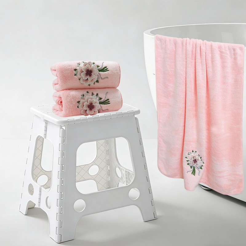 USTIDE 3 Pieces Pink Rose Flora Bath Towel Set, Ultra