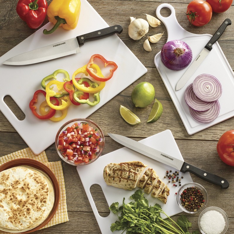 Farberware Plastic Cutting Board, Set of 3 with Paddle, White