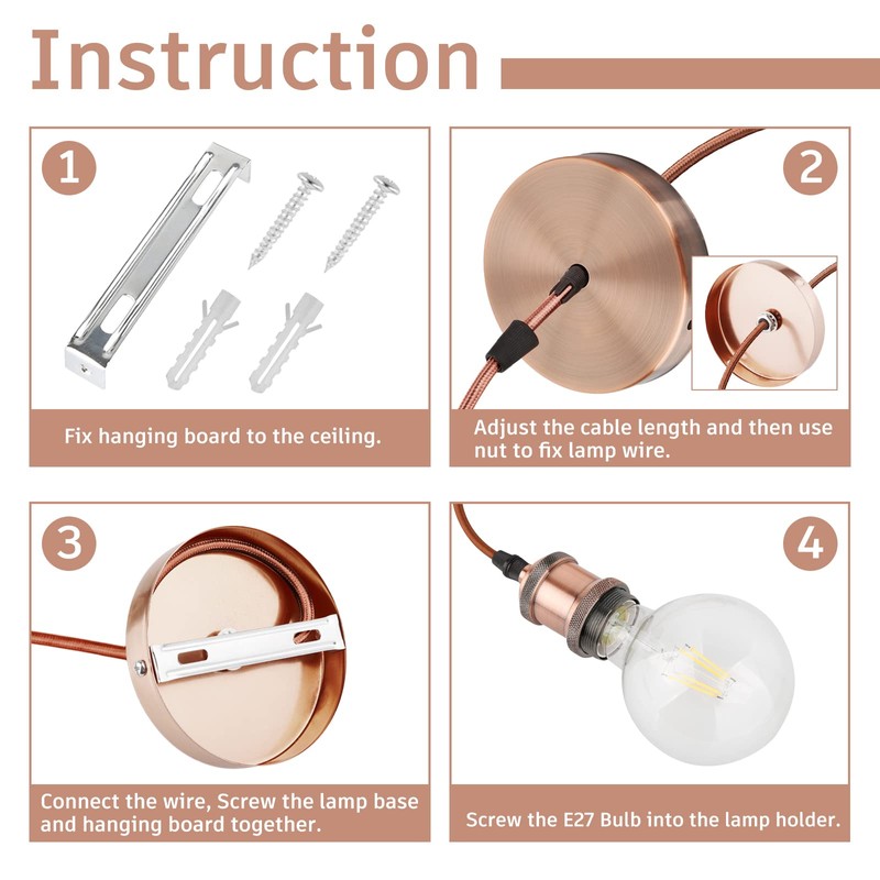 Glirowy Vintage Ceiling Pendant Light Fitting, Braided Flex E27 Lamp