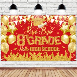 8th Grade Graduation Photo Backdrop, 45.3’’ x 70.8’’ Bye Bye 8TH Grade Hello High School Photo Booth Props Background, 8th Graduation Party Decorations 2025, 8th Grade Grad Banner (Red Gold)