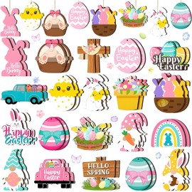 Pack of 40 Easter Wooden Hanging Ornaments, Easter Decoration for Tree, Easter Decoration Outdoor, Wooden Hanging Crafts, Includes Rabbit Eggs, Gnome Bunny, Truck, Flower Cross, Ornaments for Home,