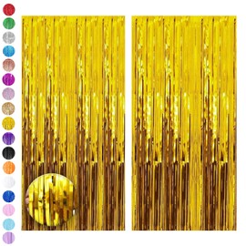 Gold Tinsel Curtain Party Backdrop,2pcs 3.2ft x 6.5ft Foil Curtain Decorations,Gold Foil Fringe Streamers Metallic Tinsel Door Hanging Foil Flow Silk Streamers for Birthday Wedding Holiday Party