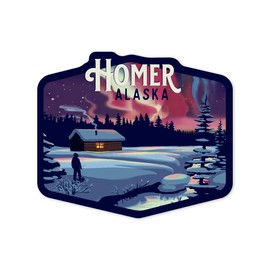 Die Cut Sticker Homer, Alaska, Cabin and Snow, Northern Lights, Contour Vinyl Sticker 1 to 3 inches (Waterproof Decal for Cars, Water Bottles, Laptops, Coolers), Small