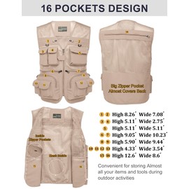 Flygo Men's Fishing Vest Utility Lightweight Outdoor Travel Safari Photo Cargo Vest with 16 pockets mesh Beige XS