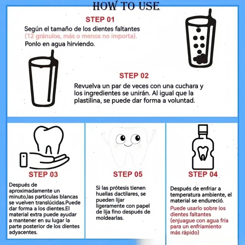 Perlas Reparación Dientes Postizos Gránulos 30ml