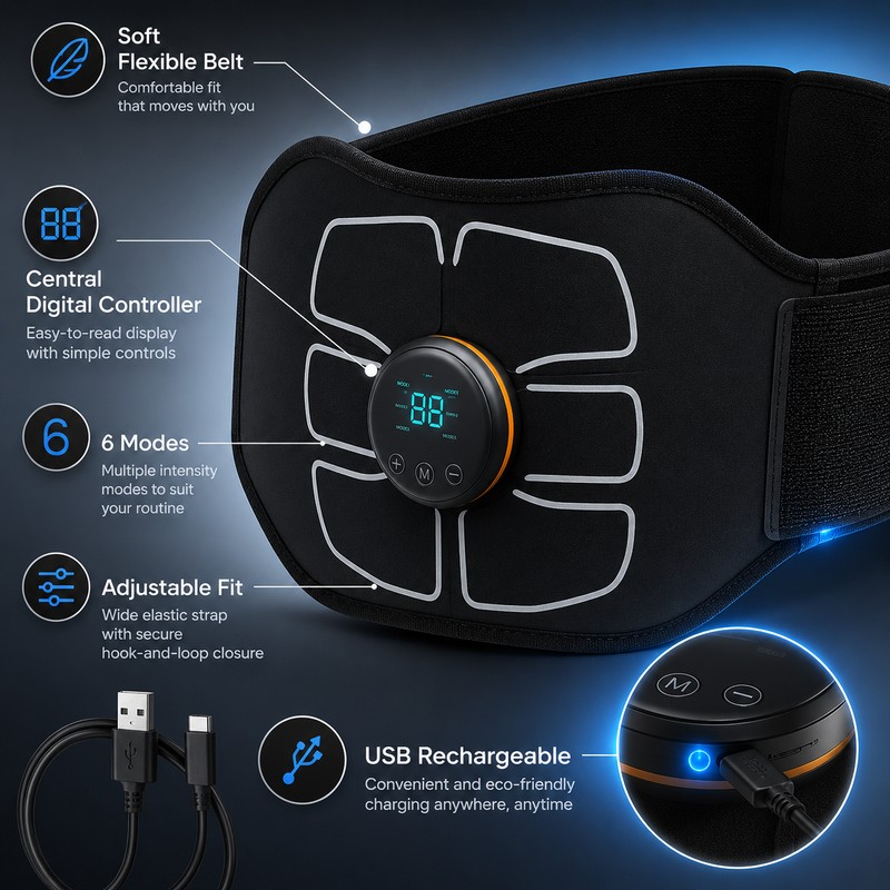 EMS Abdominal Toning Belt for Home Fitness – USB Rechargeable
