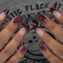 MERVF Almond Press on Nails Medium Fake Nails Purple Grape French Tip Glue ons Aura Gradient Acrylic Nail Star Y2K Desgin Manicure Glossy 24pcs