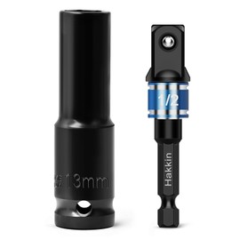 Hakkin 1/2 inch Drive Impact Socket Set 13mm Deep 6-Point Impact Socket and 1/4" Hex Shank to 1/2" Drive Adapter Heavy Duty Chrome Vanadium Steel