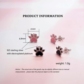 Bellitia Jewelry Women's Pink / Black Paw Earrings 925 Sterling Silver Cat Stud Earrings Paw Dog Pet Jewellery Gifts for Women Girls, Sterling Silver