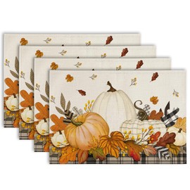 AnyDesign Fall Pumpkin Placemats Rustic Harvest Table Mats Non-Slip Heat Resistant Maple Leaves Washable Table Dinner Mats for Autumn Farmhouse Home Kitchen Decor, 12 x 18 Inch, Set of 4
