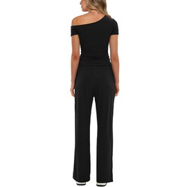 Darong Women's 2 Piece Outfits Lounge Sets Off Shouler Short Sleeve Tops and High Waisted Wide Leg Pants Tracksuit Sets 9083B Black M