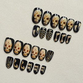 24 Pcs Black Press on Nails Short Almond Halloween Fake Nails Skull Design Cute Acrylic Nails Press ons Goth Full Cover False Nails Stick on Nail for Women