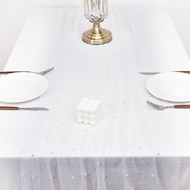 Joanlody Mothers Day Pearl Table Runner Spring Summer 10ft Rustic Boho Tulle Table Runner with Pearls for Baby Shower Wedding Party Veil Dessert Table Decor White